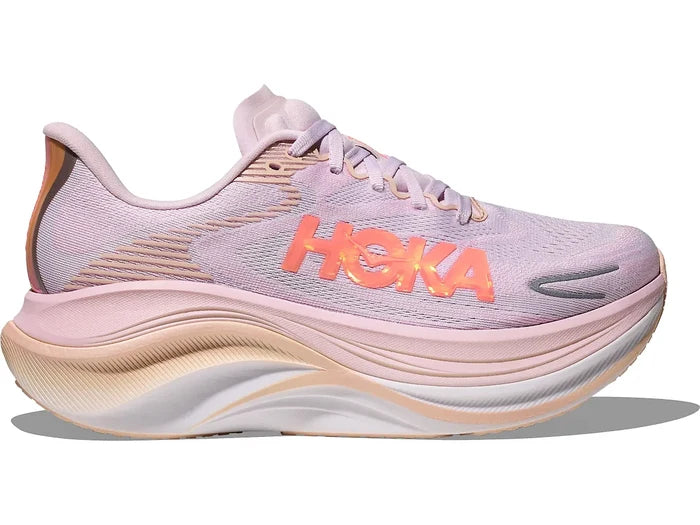 Pink running shoe with 'Hoka' branding on a white background