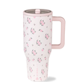 Floral-patterned travel mug with a pink handle on a white background