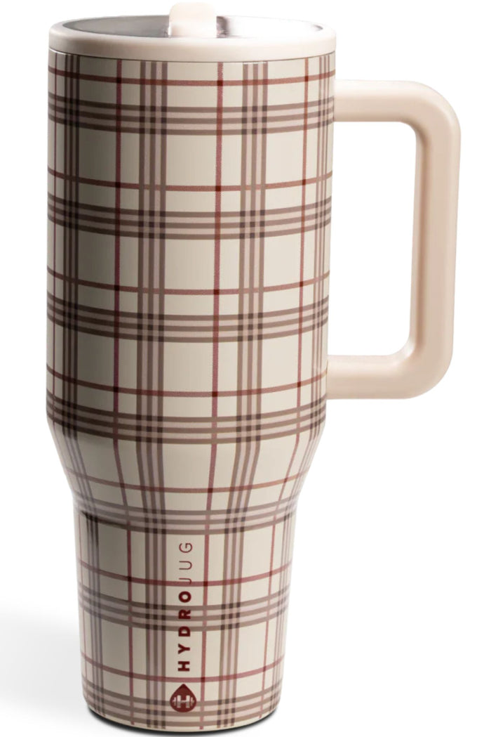 Plaid-patterned travel mug with a handle on a white background