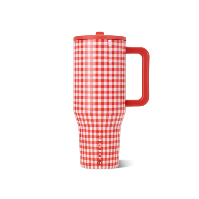 A red and white gingham patterned travel tumbler with a matching red lid and handle, shown on a clean white background.