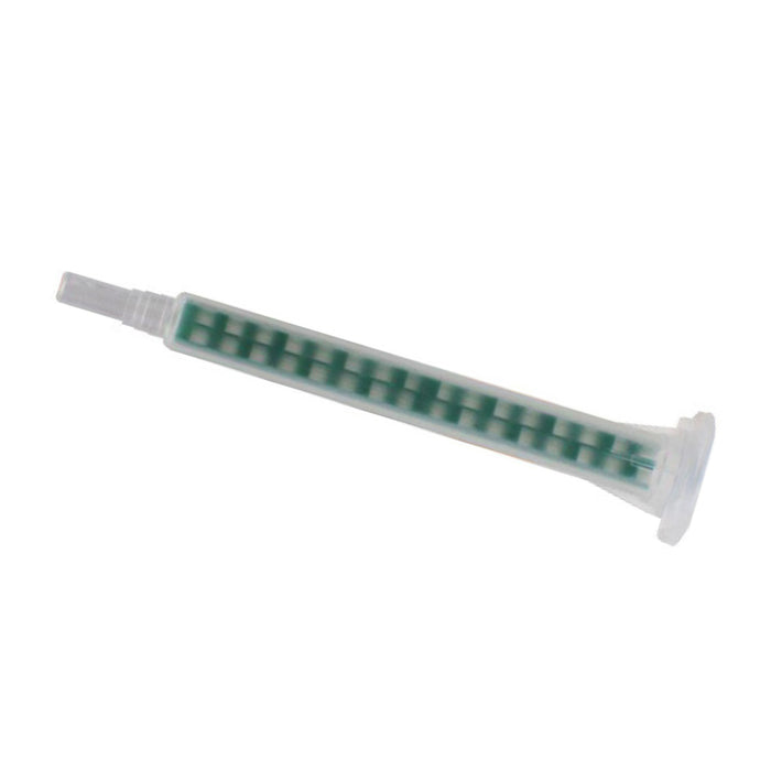 Infinity Bond MAQ 05-16L square-body static mixer with bayonet inlet and Luer Lock tip, designed for 50ml cartridges dispensing at 1:1 and 2:1 ratios.