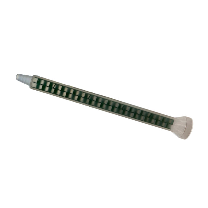Infinity Bond MCQ 08-24T static mixer nozzle with bell inlet and stepped tip outlet, featuring 24 green quadro elements and an 8mm inner diameter.