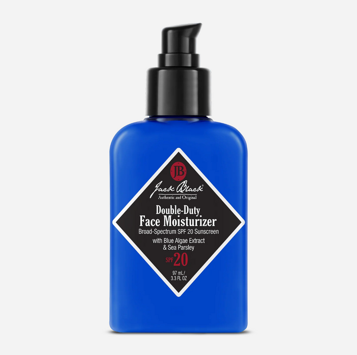 Blue bottle of Jack Black Double-Duty Face Moisturizer on a white background