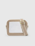 Beige crossbody bag with clear front panel on a light gray background