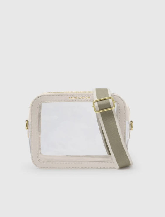 Small crossbody bag with a clear front panel on a white background