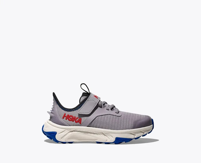 Gray running shoe with blue accents and red 'Hoka' logo on a white background