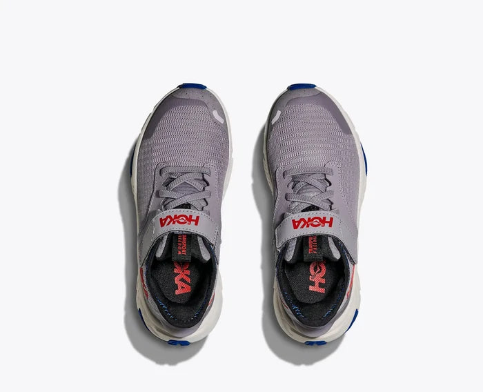 Pair of gray running shoes with red text on a white background