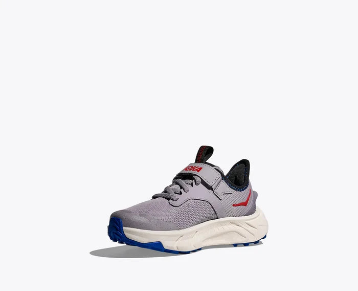 Gray running shoe with blue sole on a white background