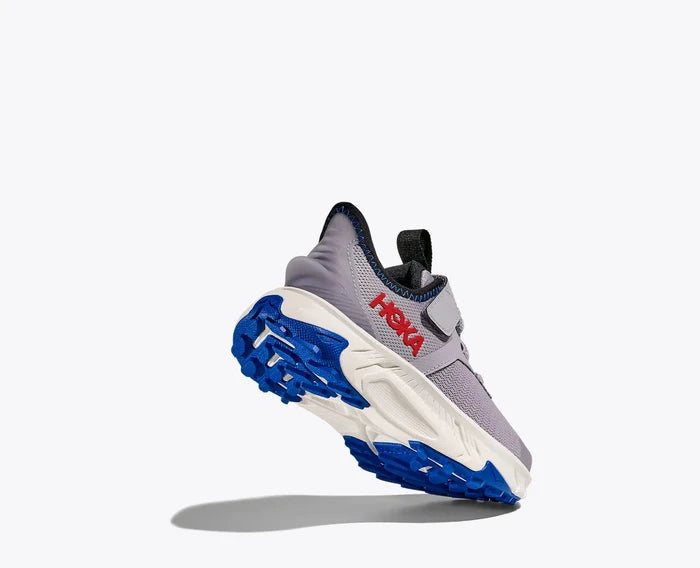 Gray and blue running shoe with 'Hoka' branding on a white background