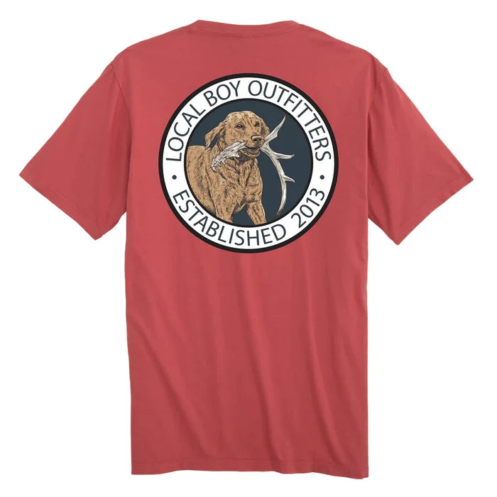 Red t-shirt with a logo on the back featuring a dog and text, on a white background.
