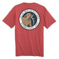 Red t-shirt with a logo on the back featuring a dog and text, on a white background.