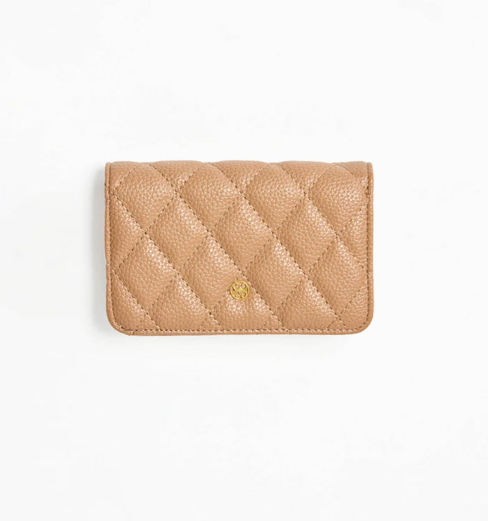 Beige quilted wallet on a white background
