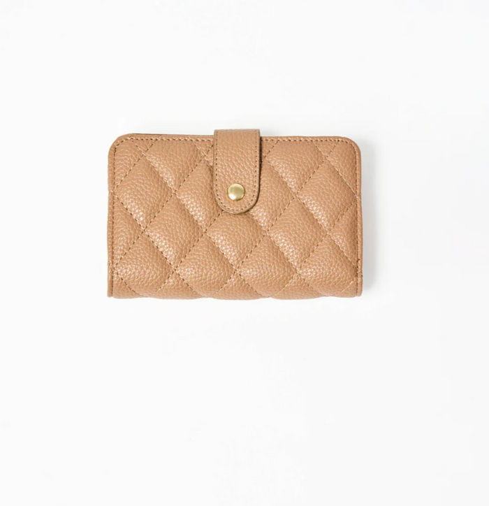 Beige quilted wallet on a white background