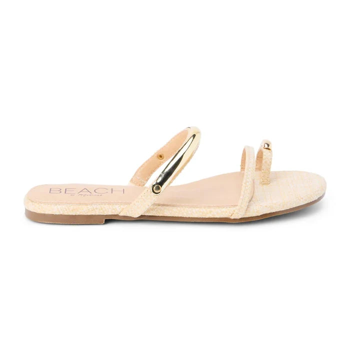 Beige sandal with 'BEACH' branding on a white background