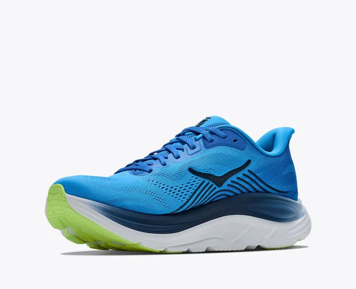 blue sneaker with white sole