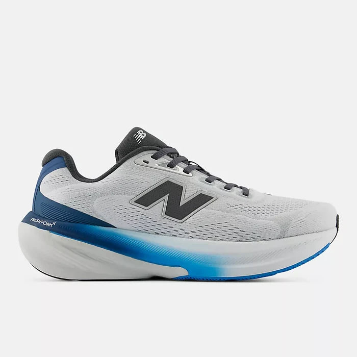 A New Balance running shoe in white and gray with a blue gradient midsole accent and a black 'N' logo, shown from the side against a light gray background.