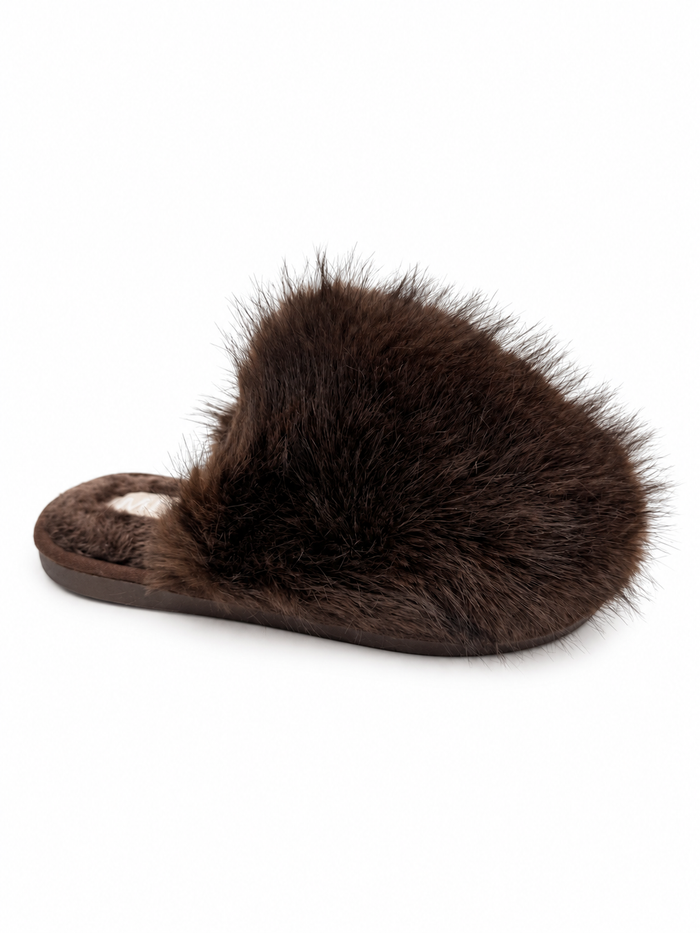 A single dark brown faux fur slip-on slide shoe with a brown sole, shown from a side profile on a white background.