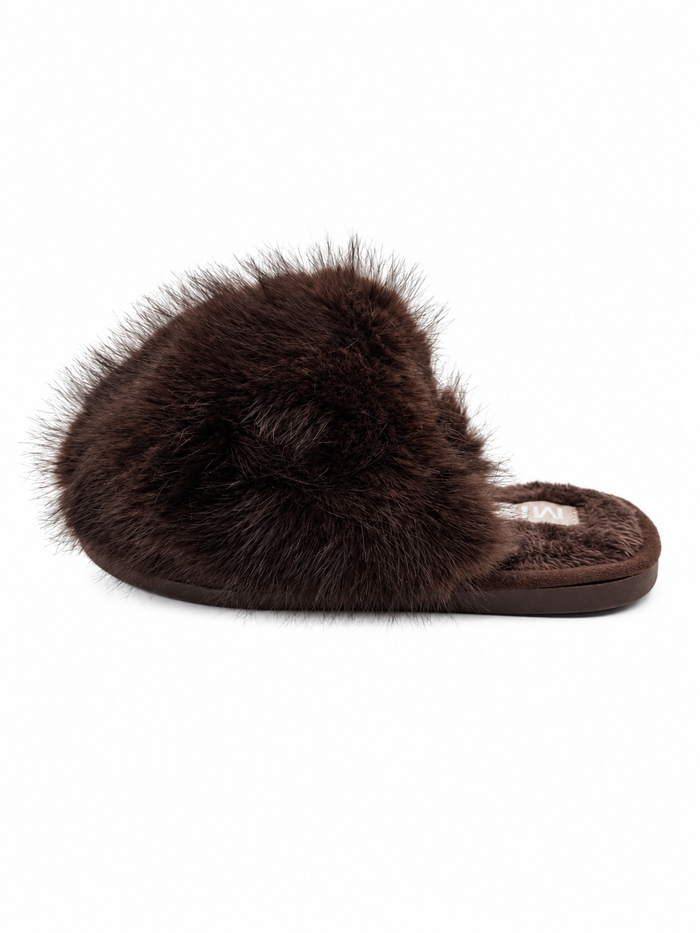 A single dark brown fluffy faux-fur slide slipper with a brown sole, shown from a side profile on a white background.