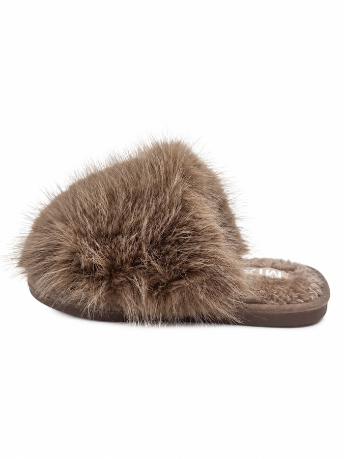A single brown faux-fur slide sandal with a dark brown sole, shown from a side profile view against a plain white background.