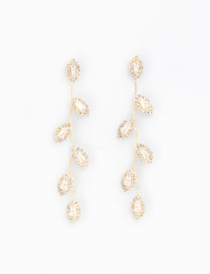 A pair of gold-toned dangle earrings with multiple marquise-cut clear crystals, arranged symmetrically on a plain white background.