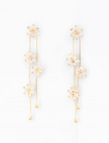 A pair of gold dangle earrings with multiple flower-shaped crystal clusters and small bead drops, displayed on a clean white background.
