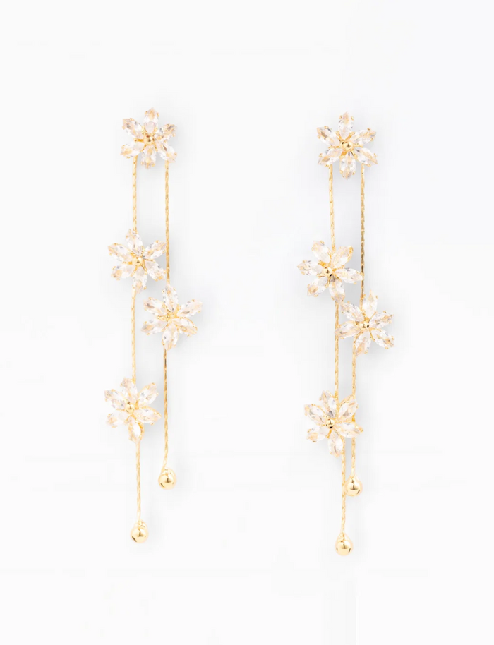 A pair of gold dangle earrings with multiple flower-shaped crystal clusters and small bead drops, displayed on a clean white background.
