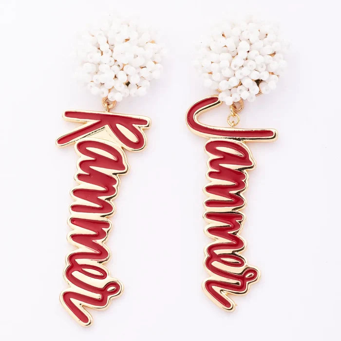 Gold and red earrings with 'Rammer Jammer' text on a white background
