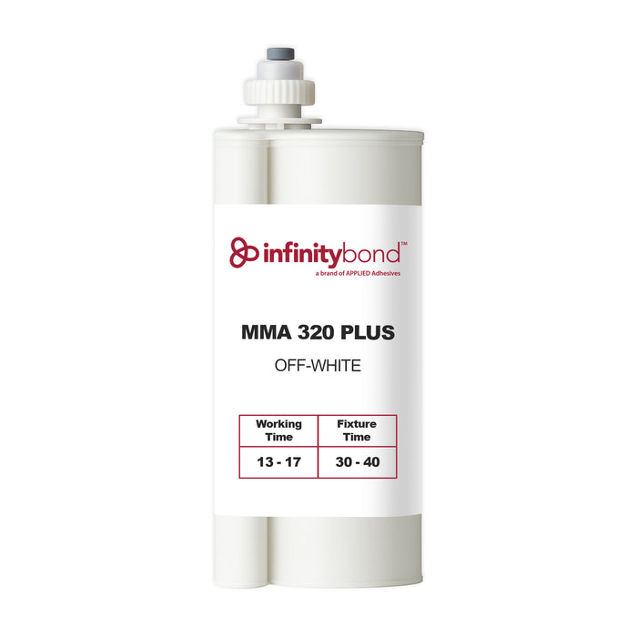 MMA 320 Plus off-white 490 ml methacrylate adhesive cartridge with 30–40 minute fixture time.