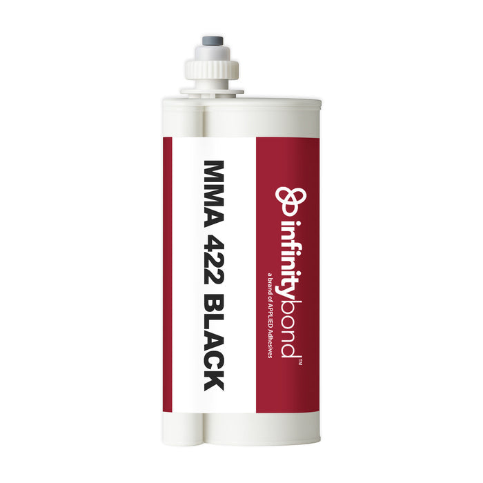 Extended working time adhesive, 18–24 min – Infinity Bond MMA 422 Black 490 ml 10:1 Cartridge, bonds metals and plastics