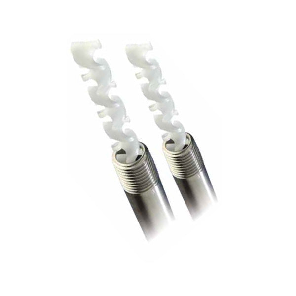 Two Nordson TAH 85 Series stainless steel pipe mixing tubes with white spiral elements