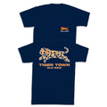Navy blue t-shirt with orange and white tiger design and text on a white background