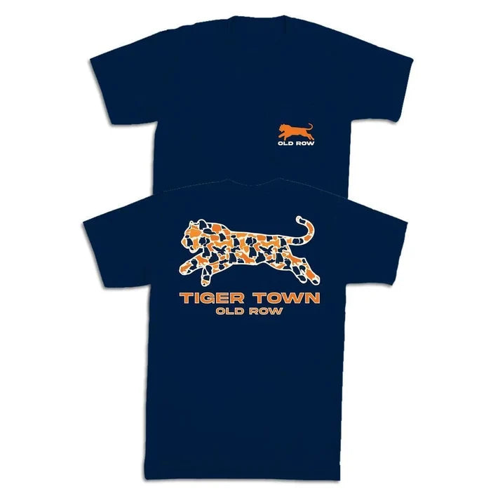 Navy blue t-shirt with orange and white tiger design and text on a white background