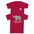 A red short-sleeve pocket t-shirt shown from both front and back. The front features a small white elephant logo on the left chest, and the back features a large elephant graphic filled with a black, white, and red pattern, with 'TUSCALOOSA OLD ROW' printed in white below it.