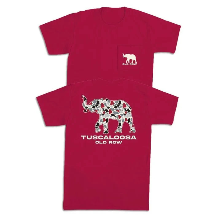 A red short-sleeve pocket t-shirt shown from both front and back. The front features a small white elephant logo on the left chest, and the back features a large elephant graphic filled with a black, white, and red pattern, with 'TUSCALOOSA OLD ROW' printed in white below it.