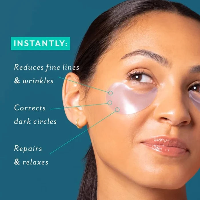 Woman's face with skincare product application, text highlighting benefits on a teal background