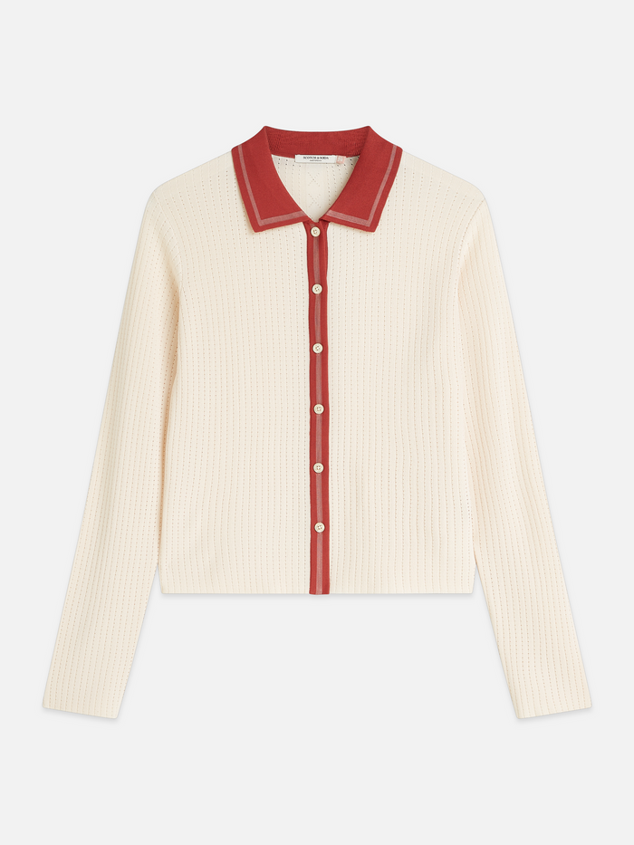 Pointelle Knitted Polo-Neck Cardigan