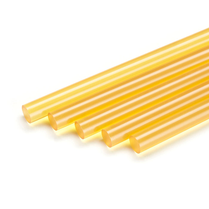 Translucent amber polyamide glue sticks are shown aligned, representing the Knottec 7713 wood repair formulation from Power Adhesives.