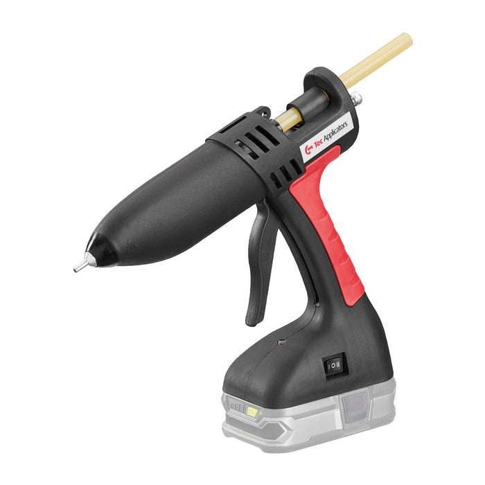 A cordless Tec 808-12 glue gun from Power Adhesives shown on a white background with 12mm glue stick and Ryobi-style battery base attached.