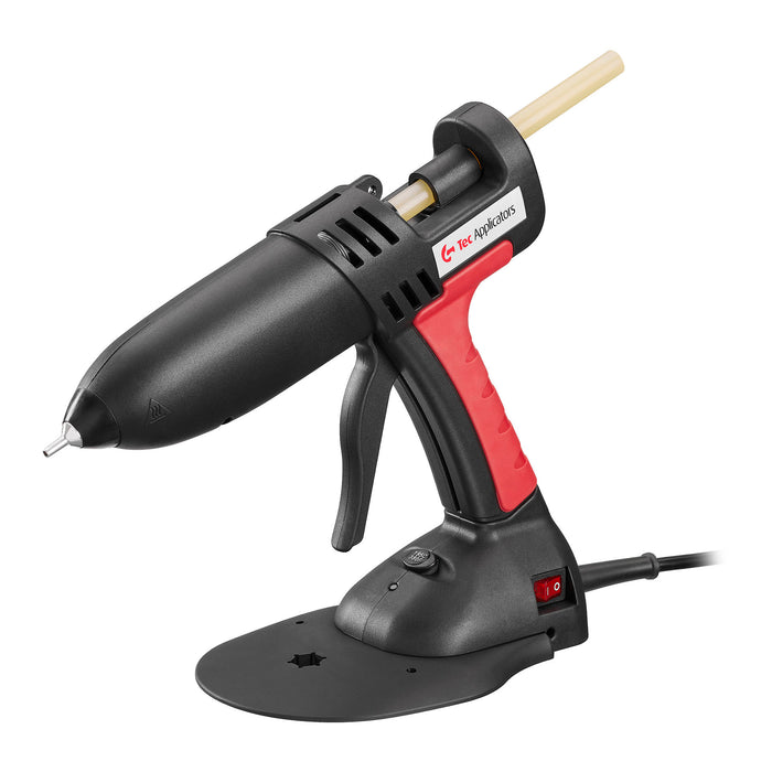 Professional hot melt applicator displayed on a clean background, highlighting the Power Adhesives Tec 830 form and controls