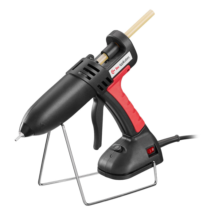 Power Adhesives Tec 830 glue gun shown supported by the included metal stand on a white background