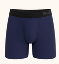 Navy blue boxer briefs with black waistband on a white background