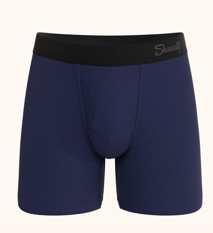 Navy blue boxer briefs with black waistband on a white background