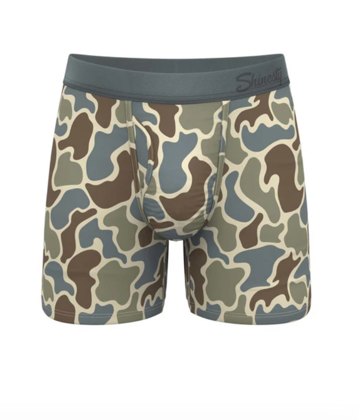 Camouflage-patterned boxer briefs with a gray waistband on a white background