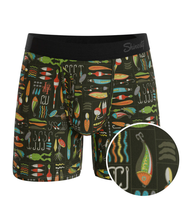 Boxer briefs with fishing lure pattern on a black background