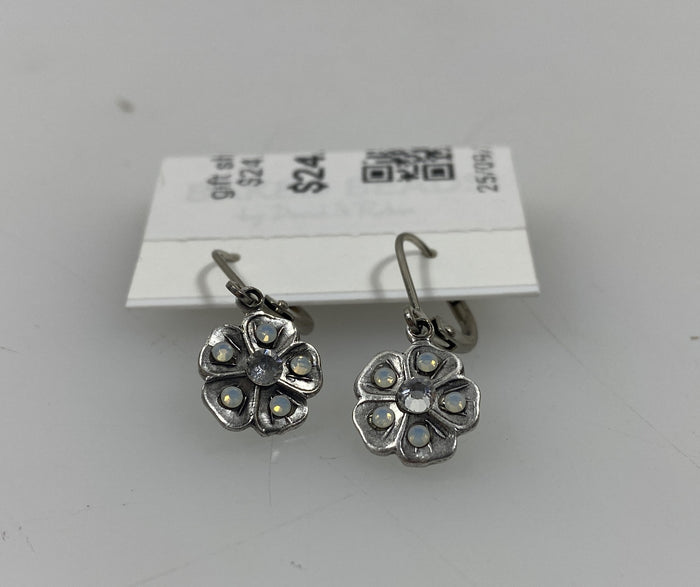 Silver White Crystal Flower Earrings