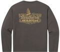 A dark gray long-sleeve t-shirt shown from the back, featuring a camouflage graphic with a duck and the text 'Southern Marsh' in tan and brown.