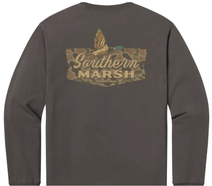A dark gray long-sleeve t-shirt shown from the back, featuring a camouflage graphic with a duck and the text 'Southern Marsh' in tan and brown.