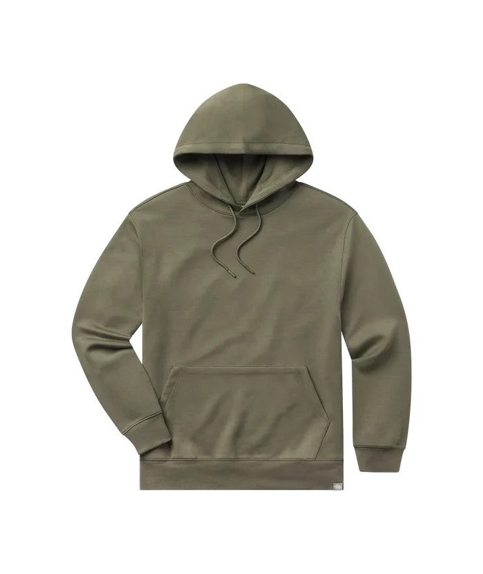 An olive green pullover hoodie with a drawstring hood and kangaroo pocket, shown on a plain white background.
