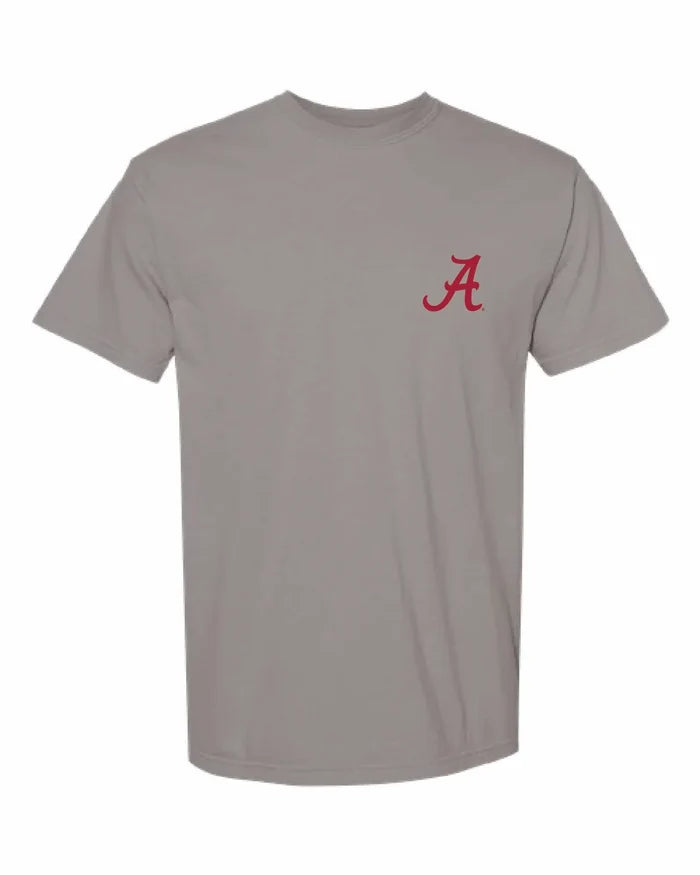 A gray short-sleeve crewneck t-shirt featuring a red embroidered script letter 'A' on the left chest, displayed against a solid white background.