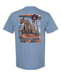 Blue t-shirt with a graphic of a dog in a truck and 'Auburn' text on the back, on a white background.